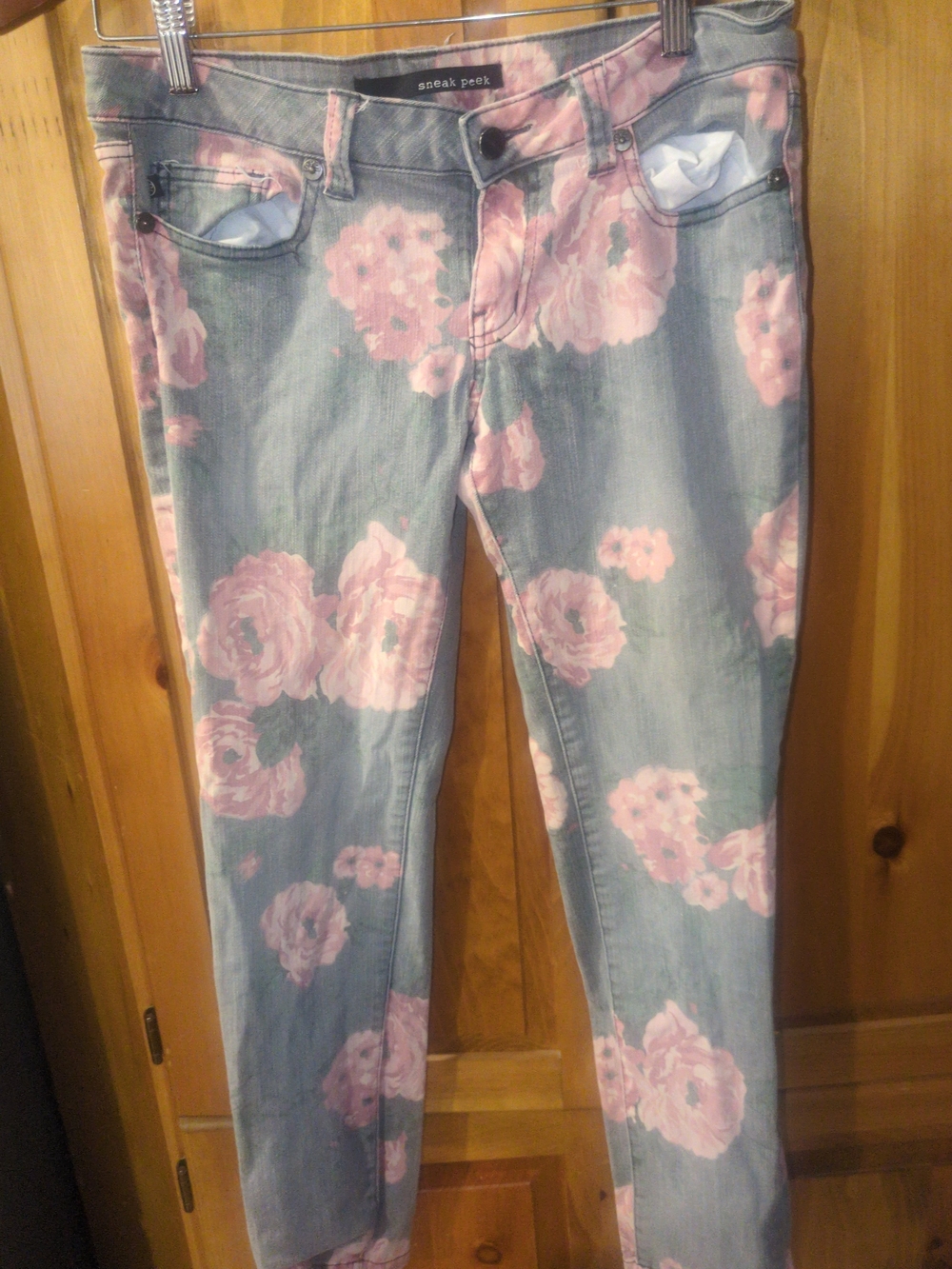Sneak Peek Women's Light Blue Skinny Jeans with Pink Floral Pattern